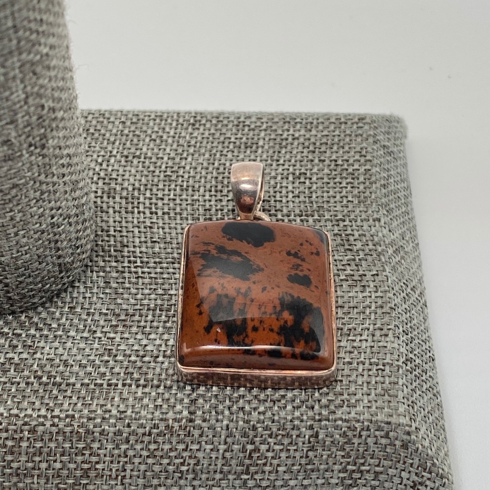Vintage Pendant 925 Sterling Silver Mahogany Obsidian Brown Black Rectangle